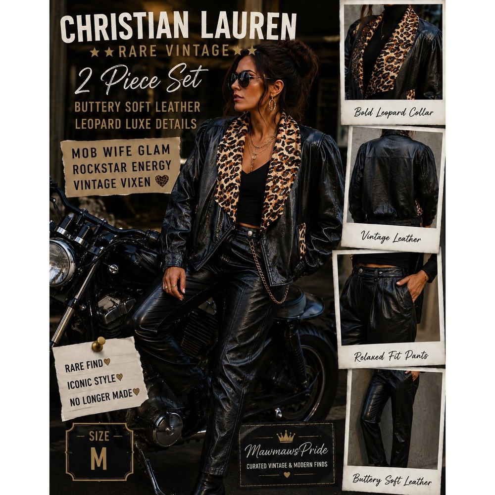 Christian Lauren Leopard Leather Set Vintage Mob‎ Wife Glam M Rare 2 piece set M